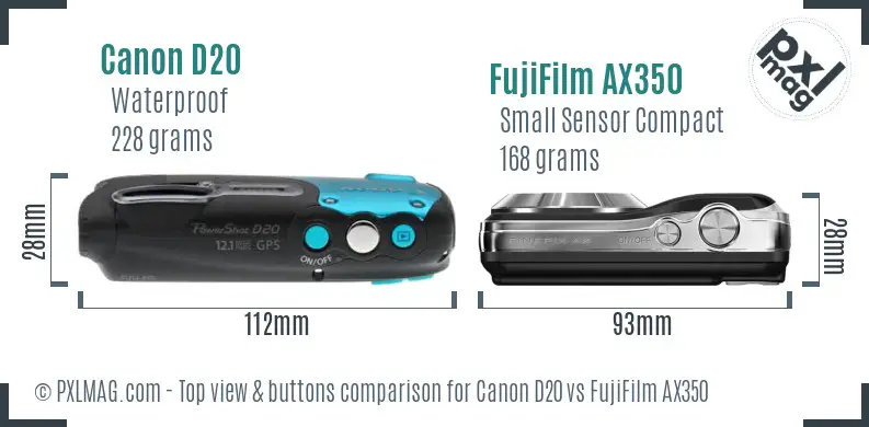 Canon D20 vs FujiFilm AX350 top view buttons comparison