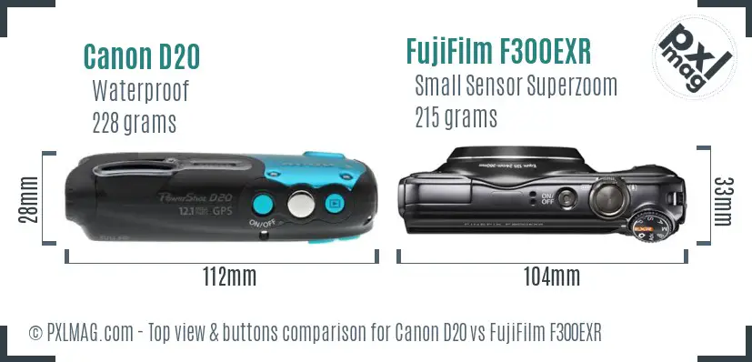 Canon D20 vs FujiFilm F300EXR top view buttons comparison