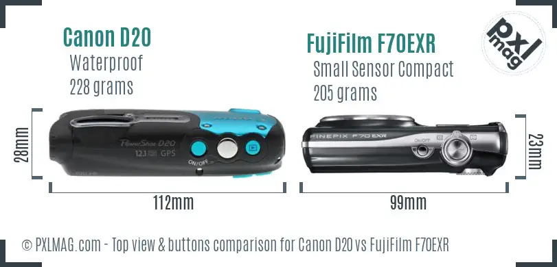 Canon D20 vs FujiFilm F70EXR top view buttons comparison