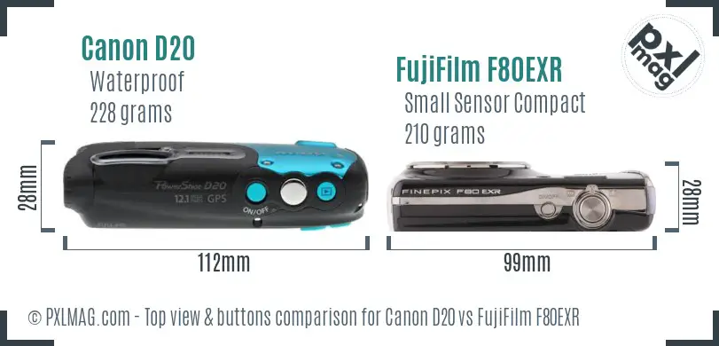 Canon D20 vs FujiFilm F80EXR top view buttons comparison Canon D20 vs FujiFilm F80EXR top view buttons comparison