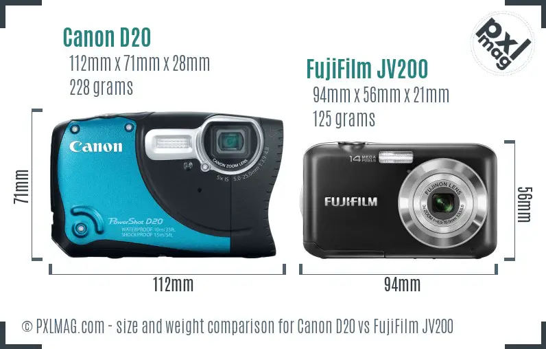 Canon D20 vs FujiFilm JV200 size comparison