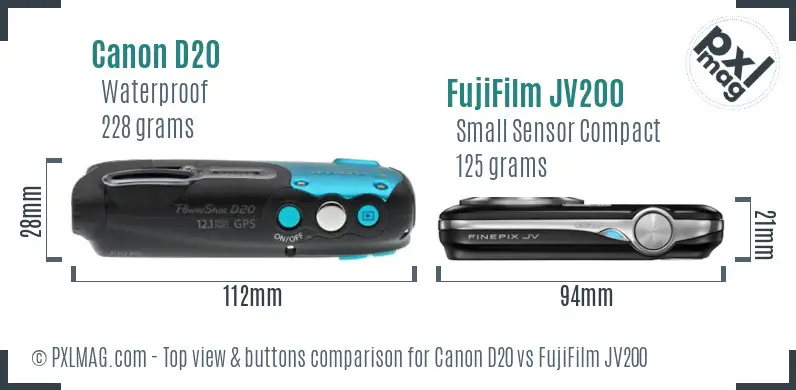 Canon D20 vs FujiFilm JV200 top view buttons comparison