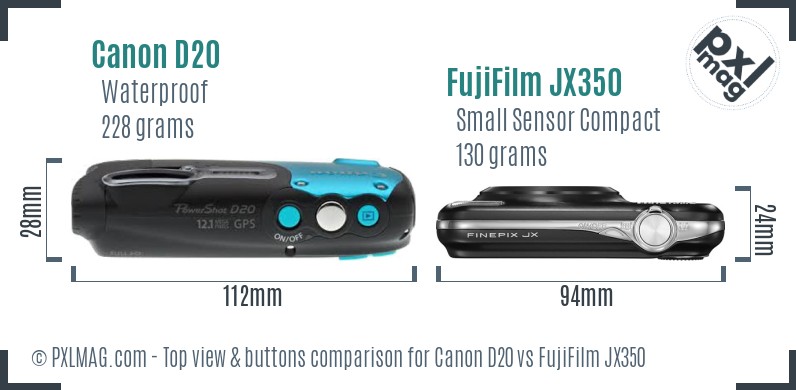 Canon D20 vs FujiFilm JX350 top view buttons comparison