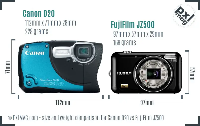 Canon D20 vs FujiFilm JZ500 size comparison Canon D20 vs FujiFilm JZ500 size comparison