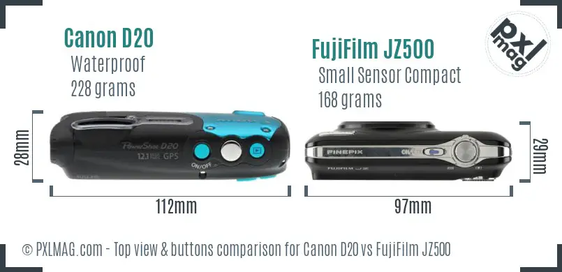 Canon D20 vs FujiFilm JZ500 top view buttons comparison
