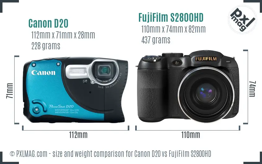 Canon D20 vs FujiFilm S2800HD size comparison