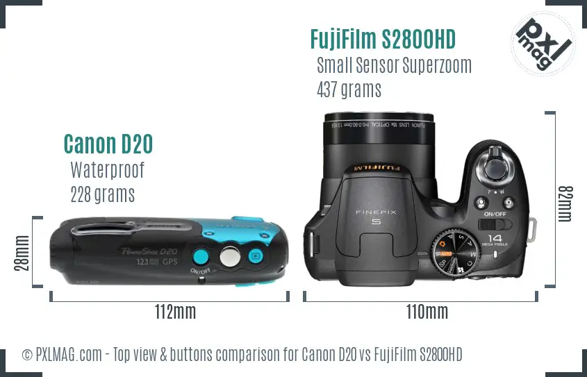 Canon D20 vs FujiFilm S2800HD top view buttons comparison
