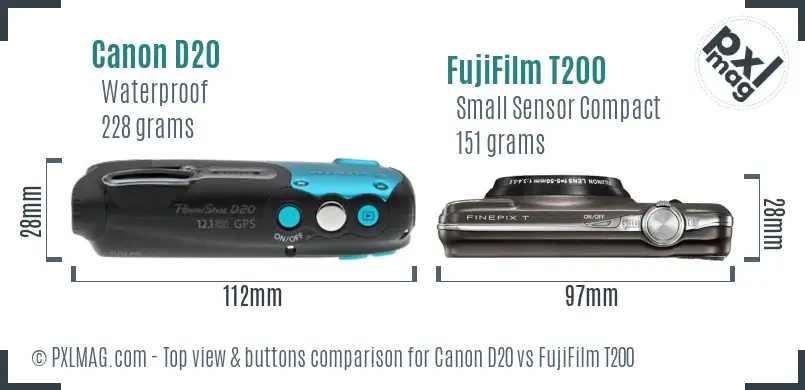 Canon D20 vs FujiFilm T200 top view buttons comparison Canon D20 vs FujiFilm T200 top view buttons comparison