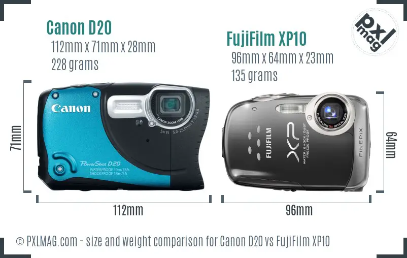 Canon D20 vs FujiFilm XP10 size comparison