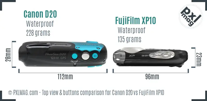 Canon D20 vs FujiFilm XP10 top view buttons comparison