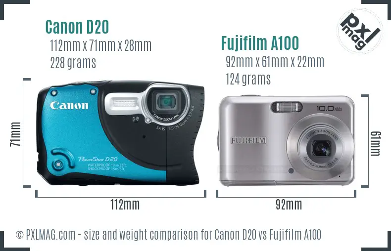Canon D20 vs Fujifilm A100 size comparison