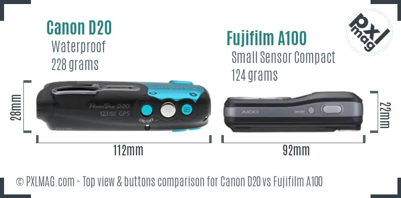 Canon D20 vs Fujifilm A100 top view buttons comparison