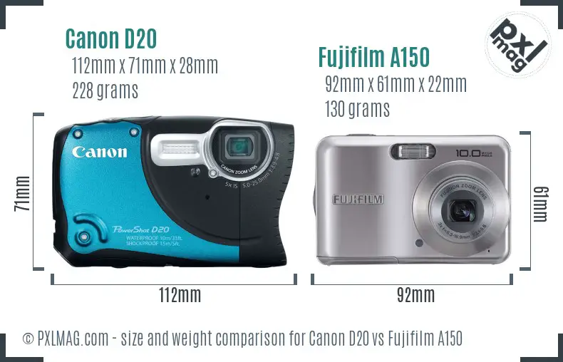 Canon D20 vs Fujifilm A150 size comparison