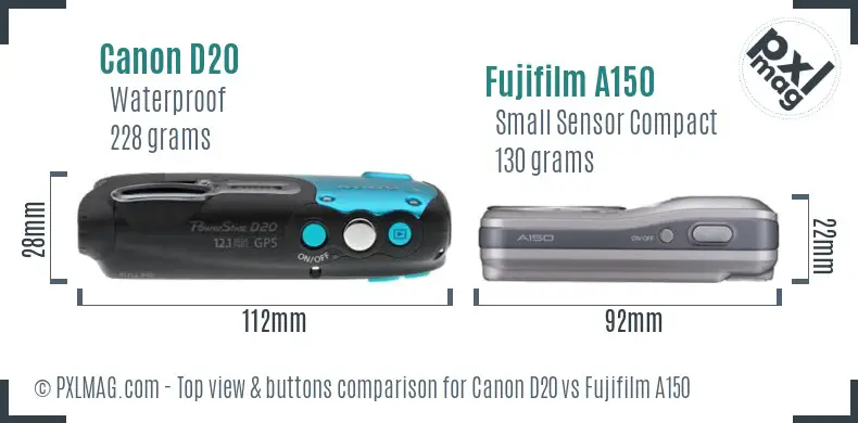 Canon D20 vs Fujifilm A150 top view buttons comparison