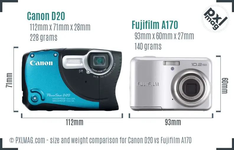 Canon D20 vs Fujifilm A170 size comparison
