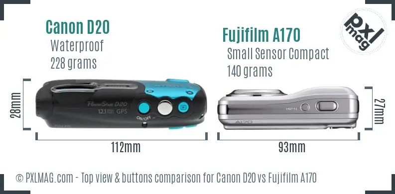 Canon D20 vs Fujifilm A170 top view buttons comparison