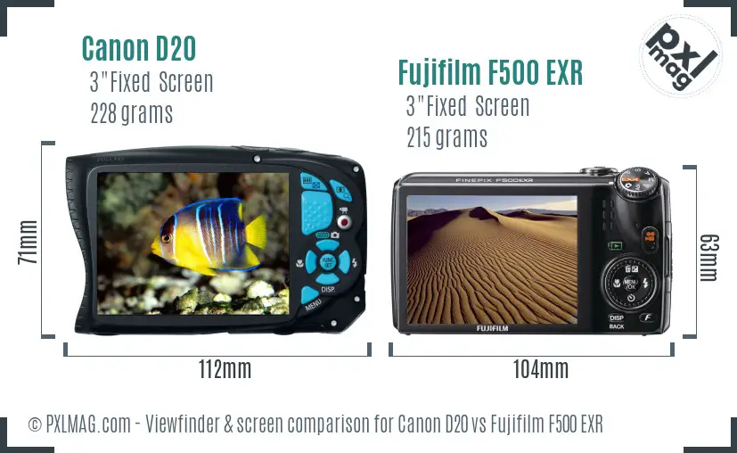 Canon D20 vs Fujifilm F500 EXR Screen and Viewfinder comparison