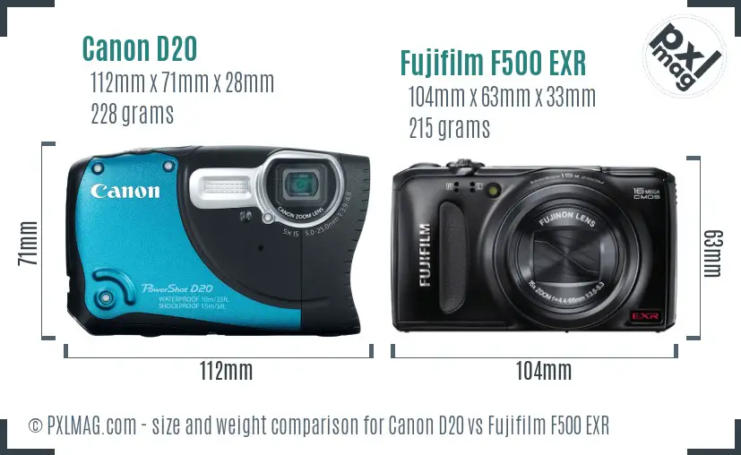 Canon D20 vs Fujifilm F500 EXR size comparison