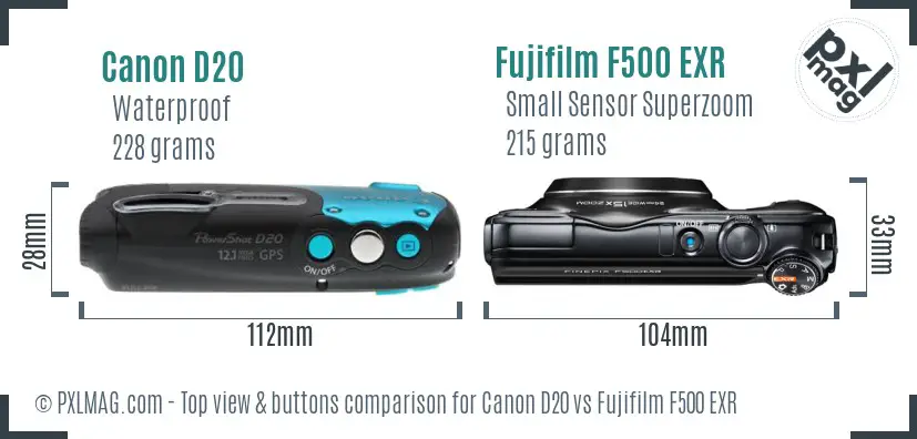 Canon D20 vs Fujifilm F500 EXR top view buttons comparison