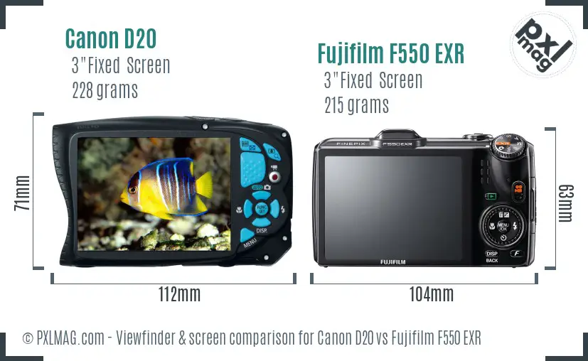 Canon D20 vs Fujifilm F550 EXR Screen and Viewfinder comparison