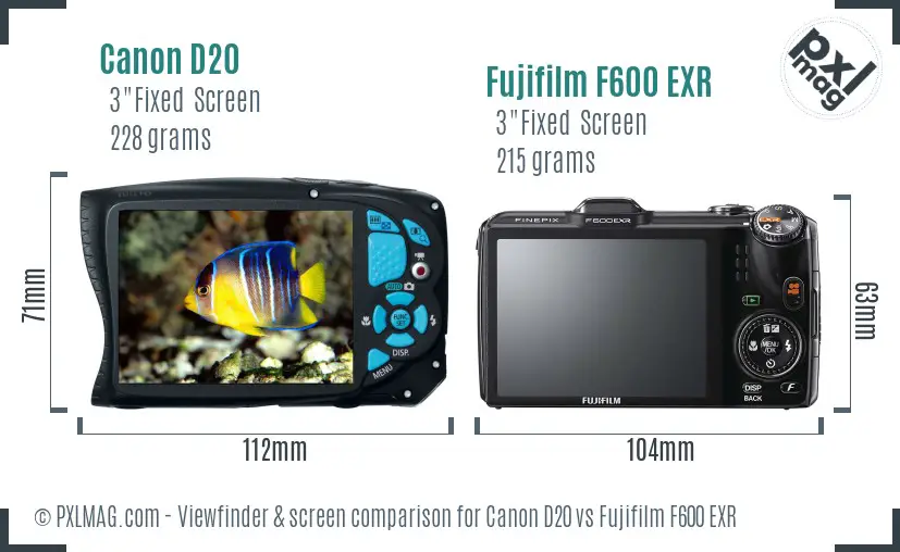 Canon D20 vs Fujifilm F600 EXR Screen and Viewfinder comparison