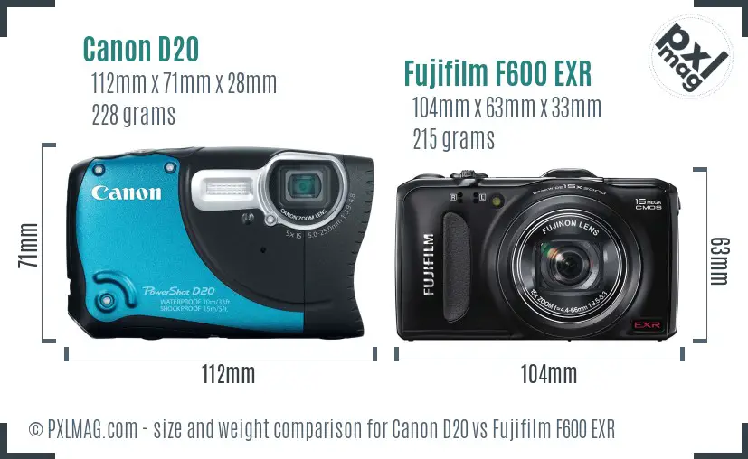 Canon D20 vs Fujifilm F600 EXR size comparison