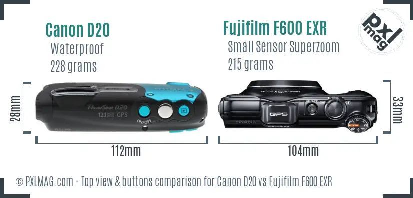 Canon D20 vs Fujifilm F600 EXR top view buttons comparison
