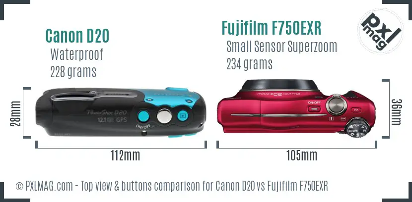 Canon D20 vs Fujifilm F750EXR top view buttons comparison