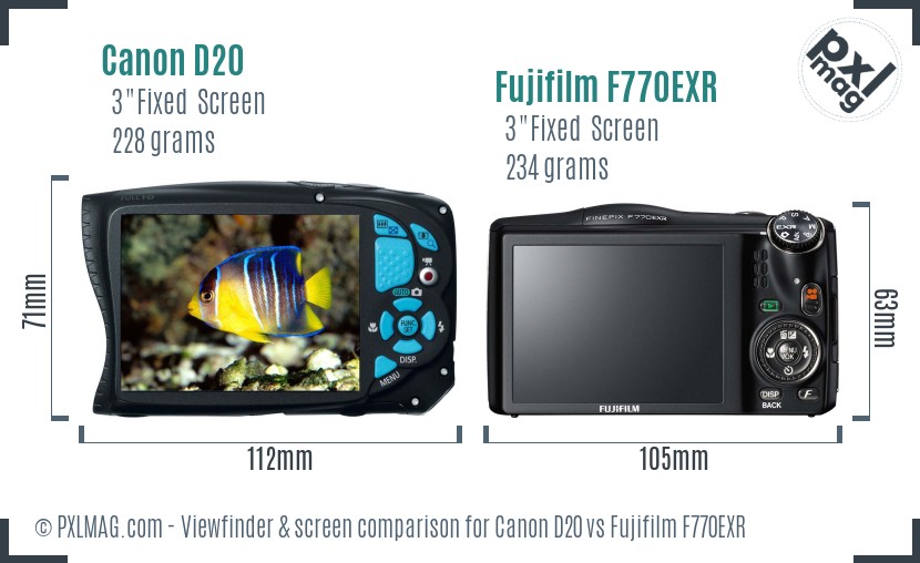 Canon D20 vs Fujifilm F770EXR Screen and Viewfinder comparison