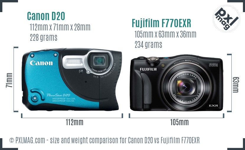Canon D20 vs Fujifilm F770EXR size comparison