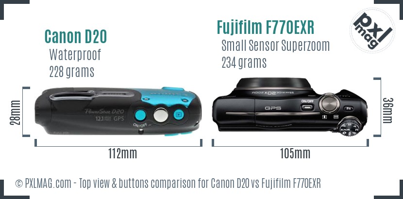 Canon D20 vs Fujifilm F770EXR top view buttons comparison