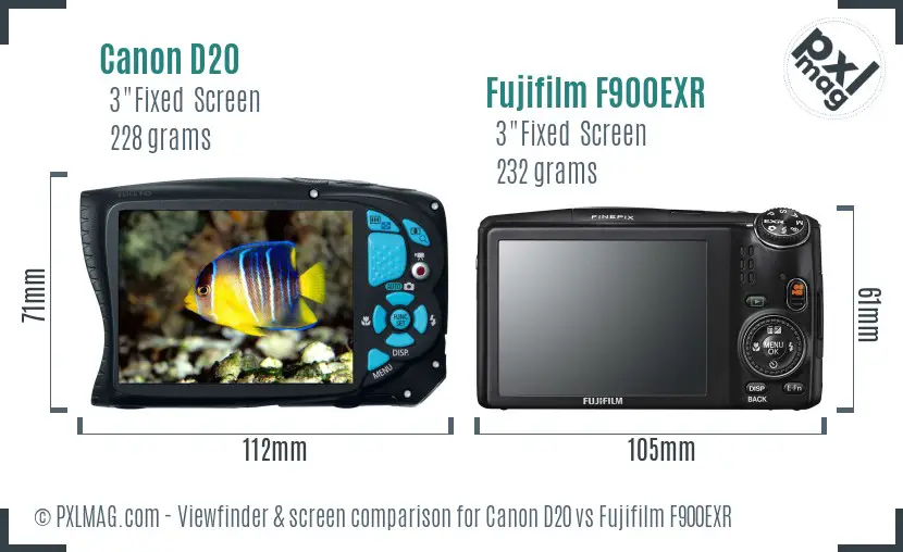 Canon D20 vs Fujifilm F900EXR Screen and Viewfinder comparison