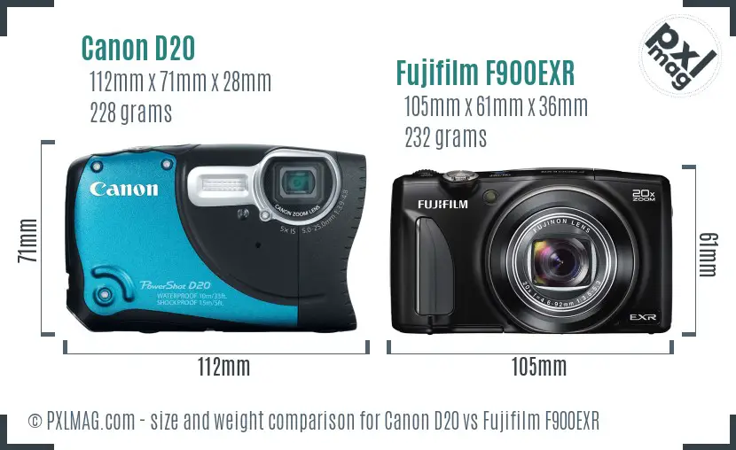 Canon D20 vs Fujifilm F900EXR size comparison