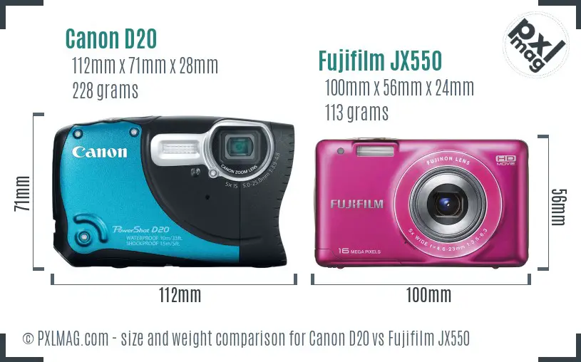 Canon D20 vs Fujifilm JX550 size comparison
