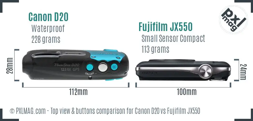 Canon D20 vs Fujifilm JX550 top view buttons comparison