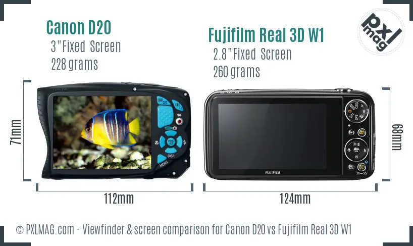 Canon D20 vs Fujifilm Real 3D W1 Screen and Viewfinder comparison