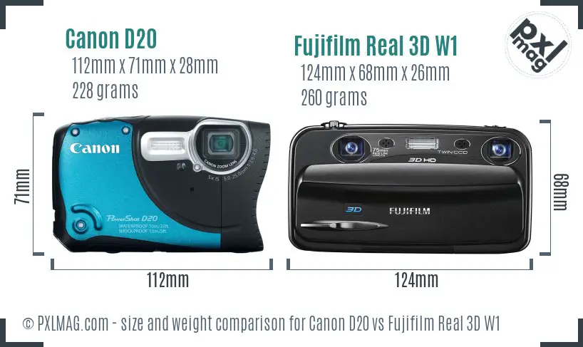 Canon D20 vs Fujifilm Real 3D W1 size comparison