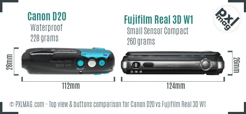 Canon D20 vs Fujifilm Real 3D W1 top view buttons comparison