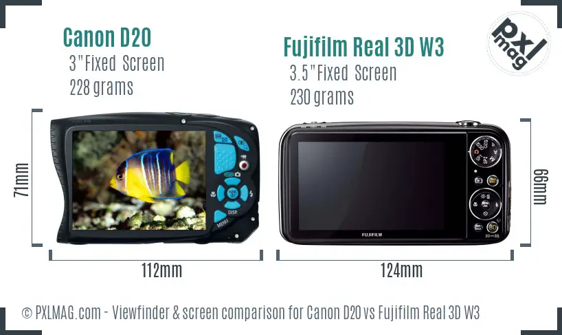 Canon D20 vs Fujifilm Real 3D W3 Screen and Viewfinder comparison