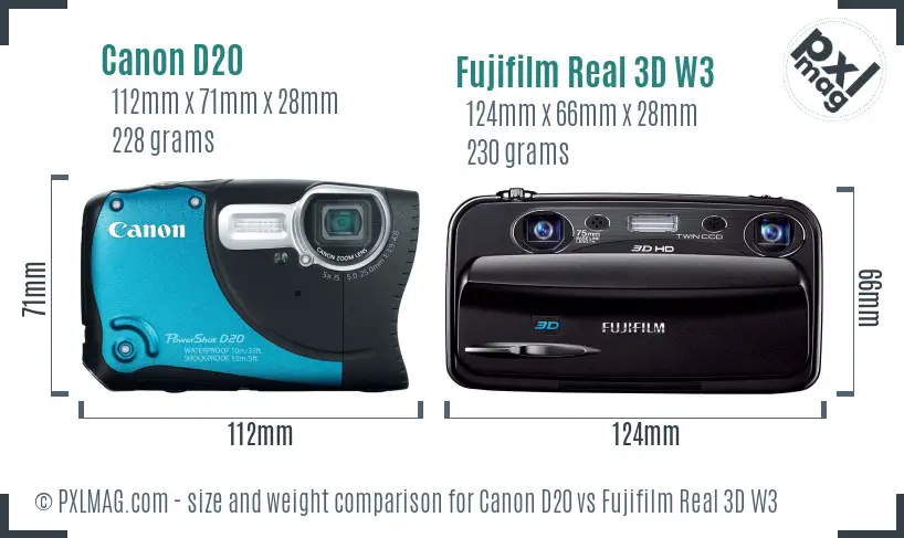 Canon D20 vs Fujifilm Real 3D W3 size comparison