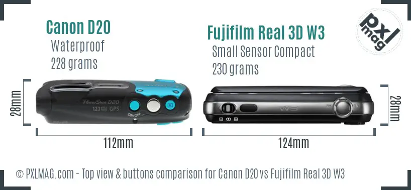 Canon D20 vs Fujifilm Real 3D W3 top view buttons comparison