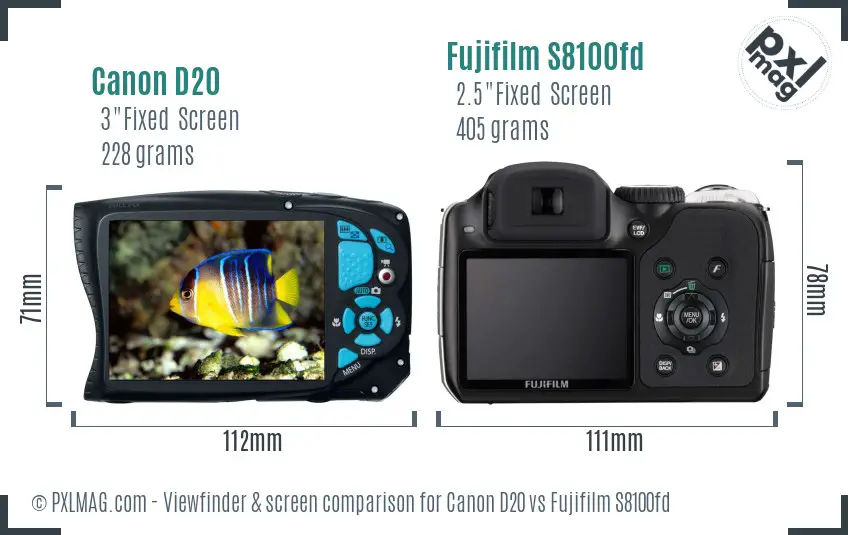 Canon D20 vs Fujifilm S8100fd Screen and Viewfinder comparison