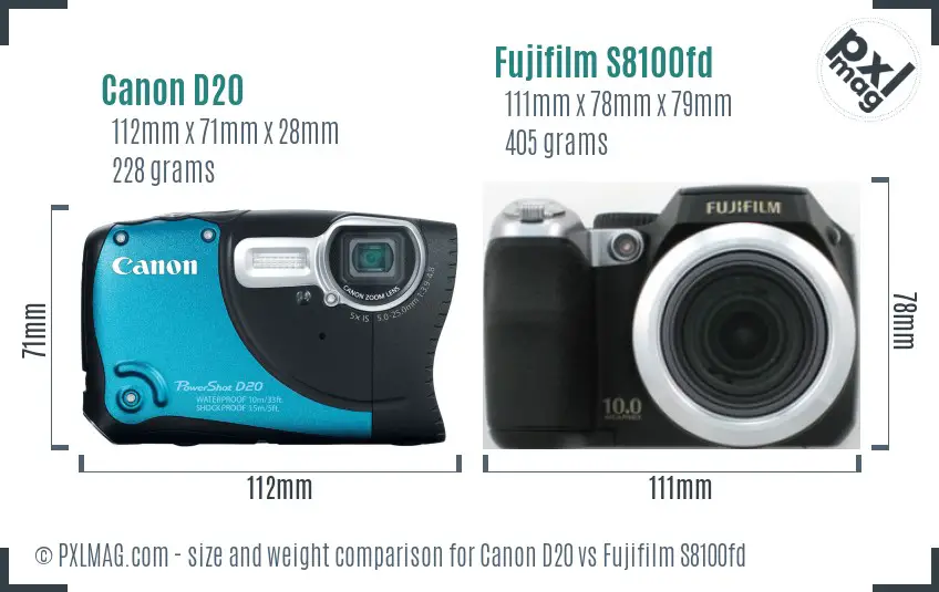 Canon D20 vs Fujifilm S8100fd size comparison