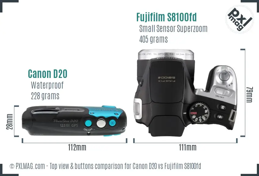 Canon D20 vs Fujifilm S8100fd top view buttons comparison