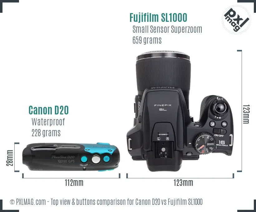 Canon D20 vs Fujifilm SL1000 top view buttons comparison