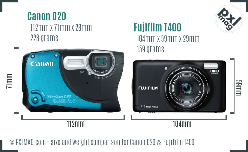 Canon D20 vs Fujifilm T400 size comparison
