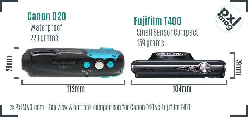 Canon D20 vs Fujifilm T400 top view buttons comparison