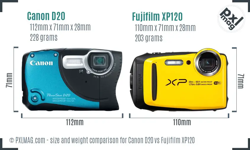 Canon D20 vs Fujifilm XP120 size comparison