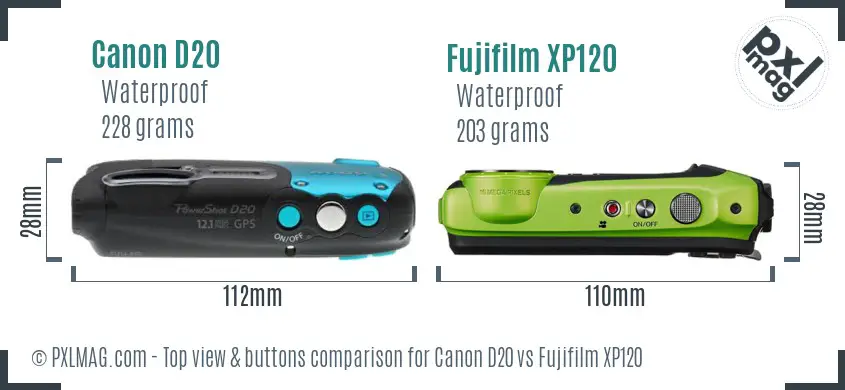 Canon D20 vs Fujifilm XP120 top view buttons comparison