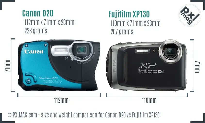 Canon D20 vs Fujifilm XP130 size comparison